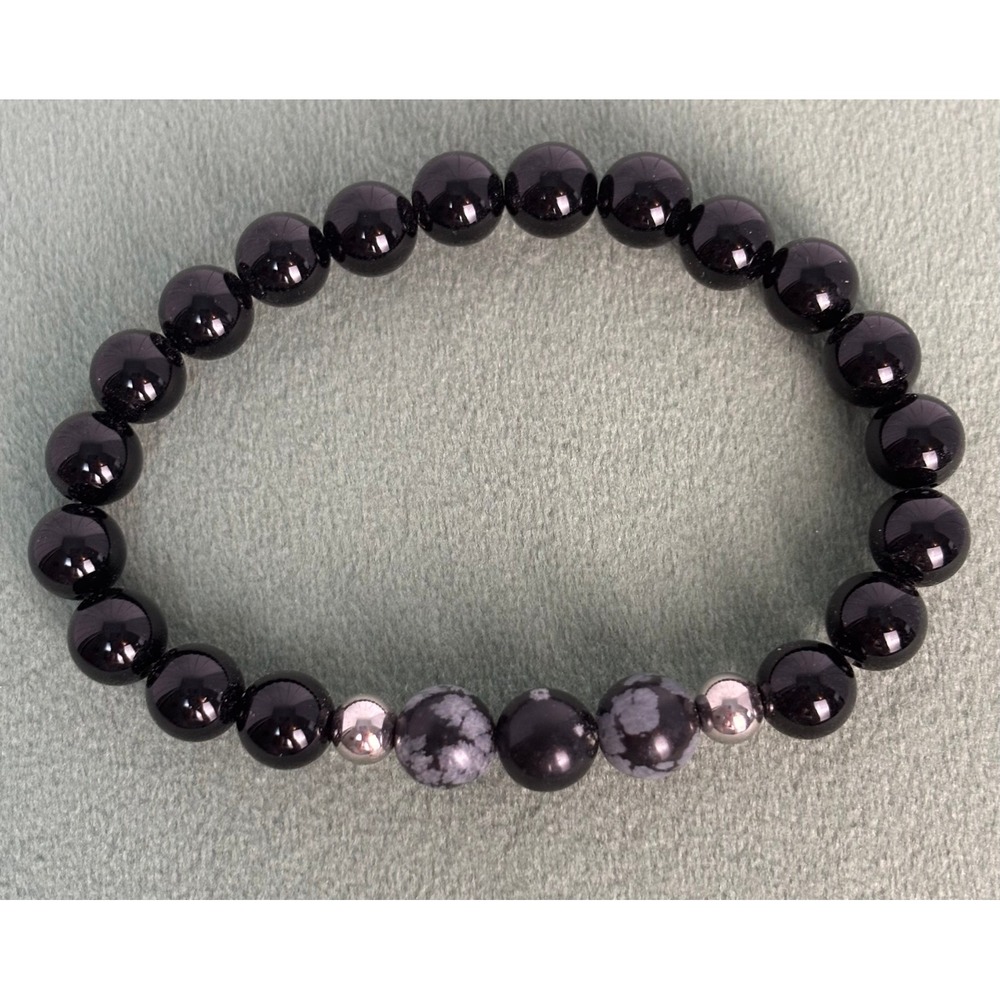 Black Onyx & Snowflake‎ Obsidian Stretch Bead Bracelet Silver Accent Unisex P158